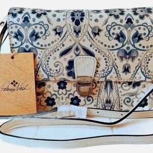 Patricia Nash Lanza ItalianFolklore White Blue Crossbody Leather Crossbody Bag